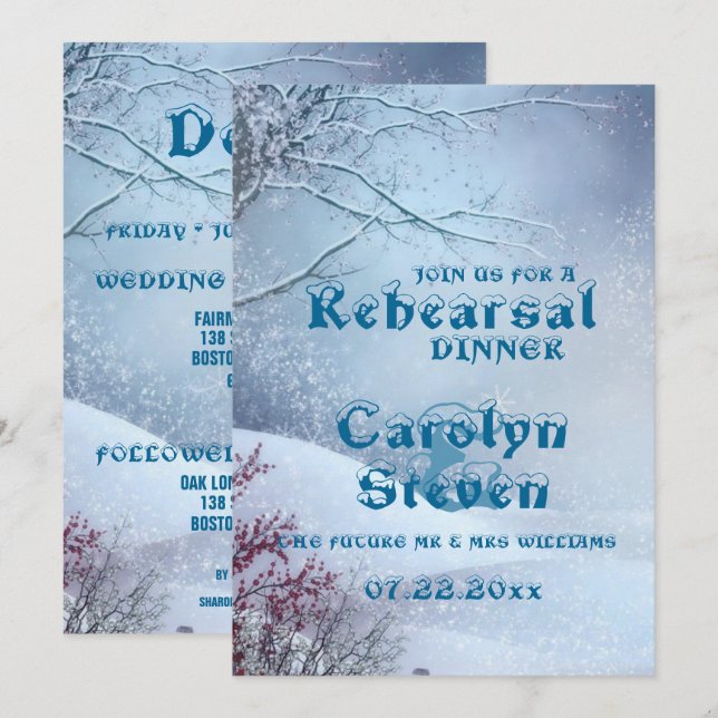 Invitation Dîner de répétition Mariage Winter Wonderland (Devant / Derrière)