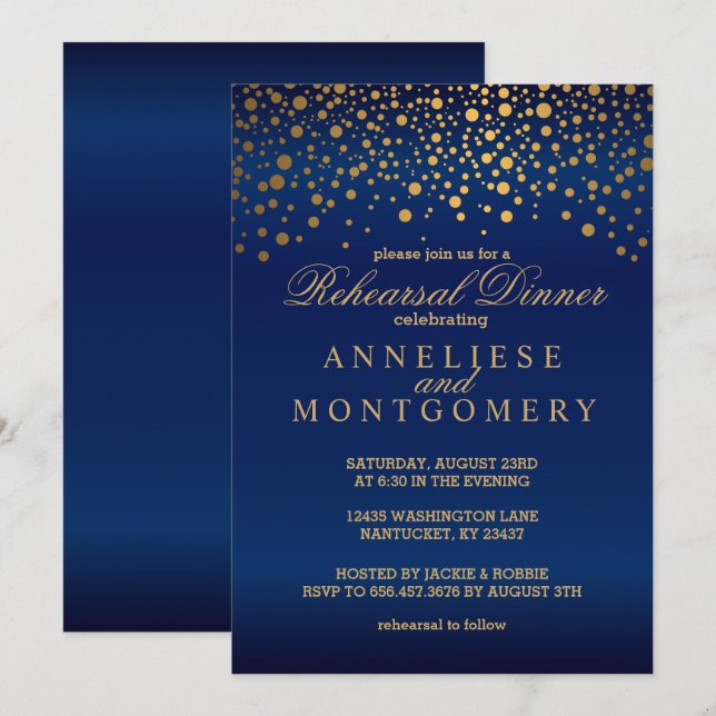 Invitation Dîner de répétition Marine Blue and Gold Confetti (Devant / Derrière)