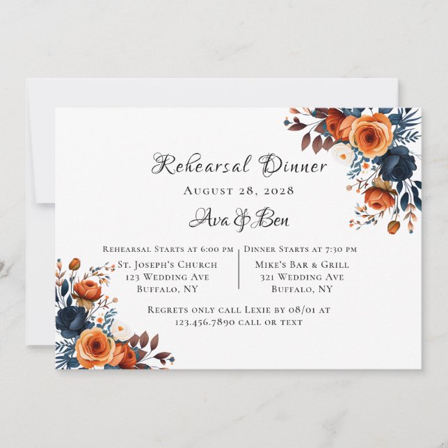 Invitation Dîner de répétition Marine Blue and Orange Peony (Devant)