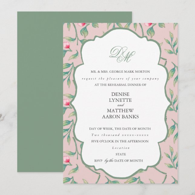 Invitation Dîner de répétition Mauve Chalk et Basil Green (Devant / Derrière)