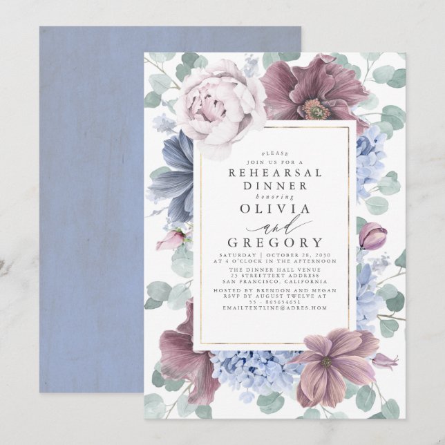 Invitation Dîner de répétition Mauve et Dusty Blue Flowers (Devant / Derrière)