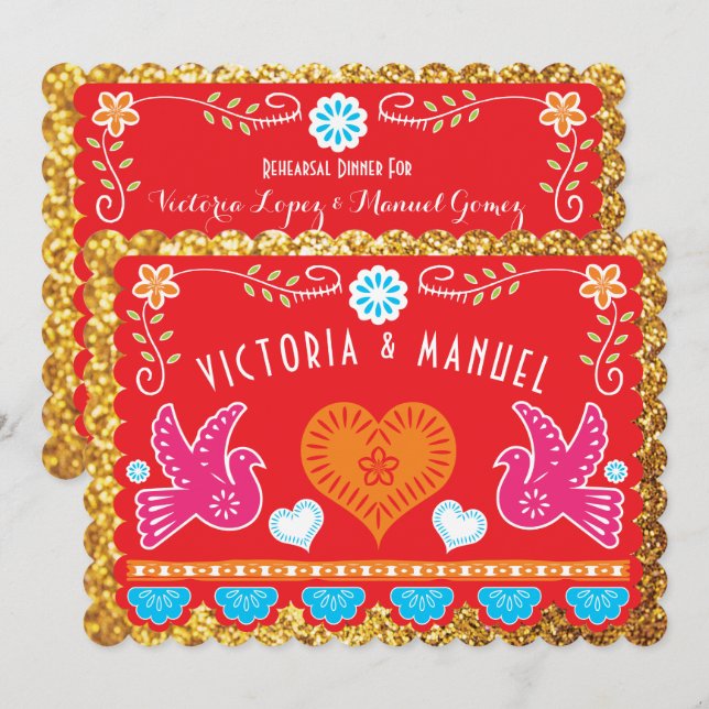 Invitation Dîner de répétition mexicaine Papel Picado Gold Pa (Devant / Derrière)