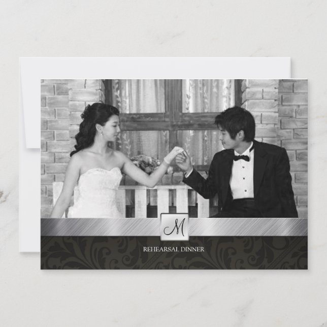 Invitation Dîner de répétition moderne en noir Damas et argen (Devant)