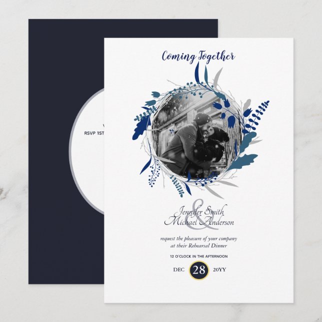 Invitation Dîner de répétition moderne PHOTO Blue Wreath (Devant / Derrière)