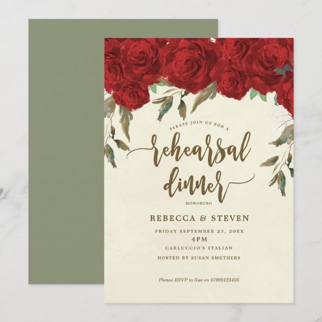Invitation dîner de répétition moderne roses rouges invitatio (Devant / Derrière)