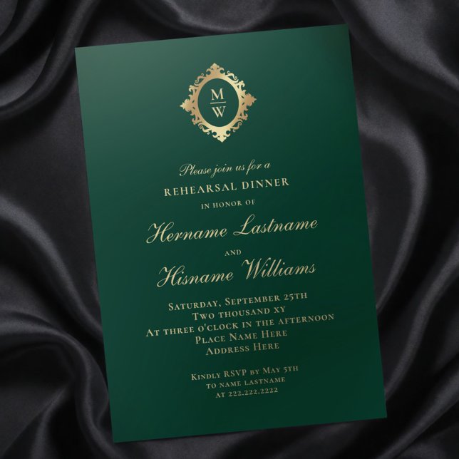 Invitation Dîner de répétition Monogram Emerald Green Gold (Créateur téléchargé)