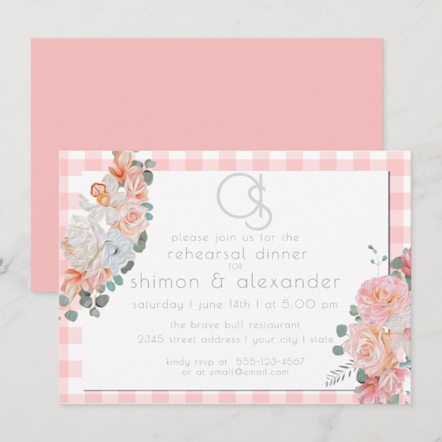Invitation Dîner de répétition | Monogramme Coral En vichy Fl (Devant / Derrière)