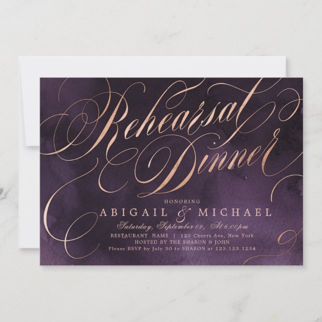 Invitation Dîner de répétition Moody violet or calligraphie (Devant)