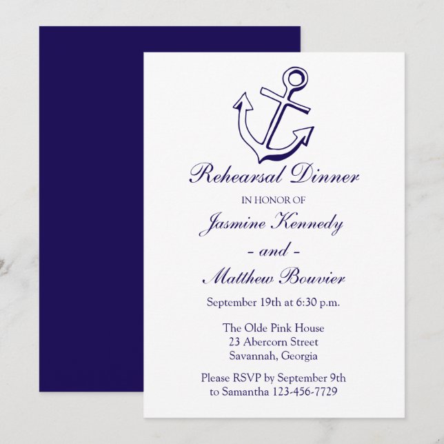 Invitation Dîner de répétition nautique Ancre de navire bleu  (Devant / Derrière)
