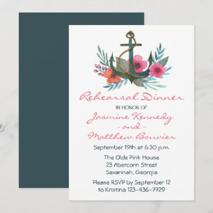 Invitation Dîner de répétition nautique Ancre Floral Rose Tur