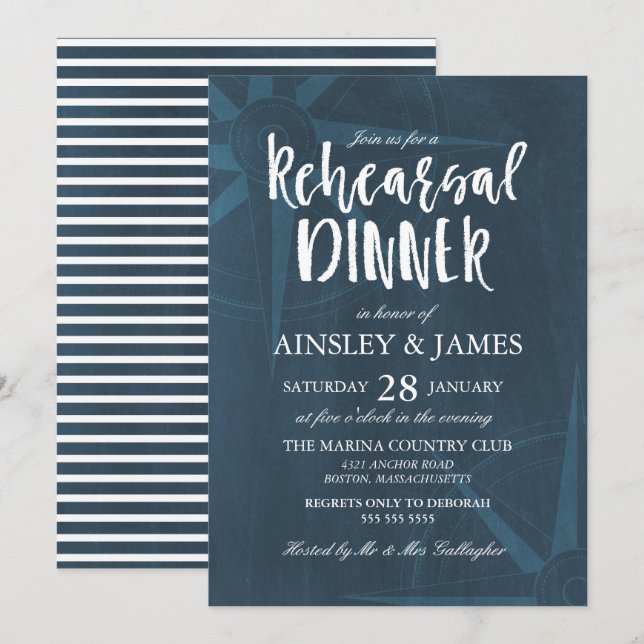 Invitation Dîner de répétition nautique de la boussole bleue  (Devant / Derrière)