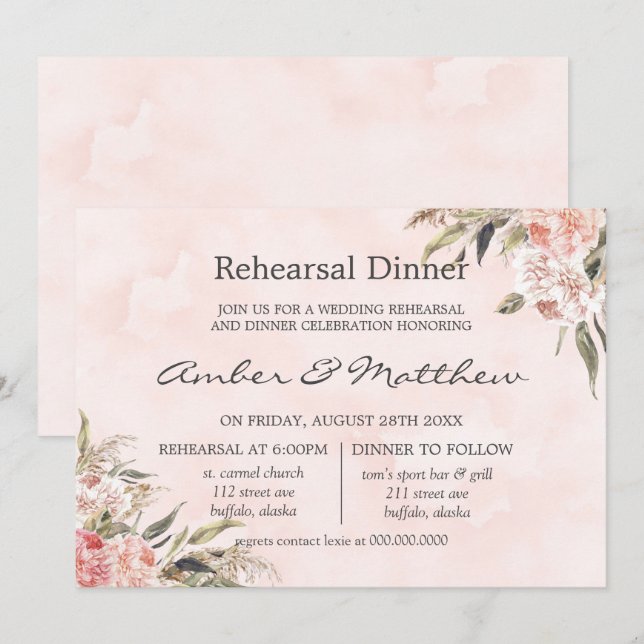 Invitation Dîner de répétition Neutre Boho Pink Peony Pampas  (Devant / Derrière)