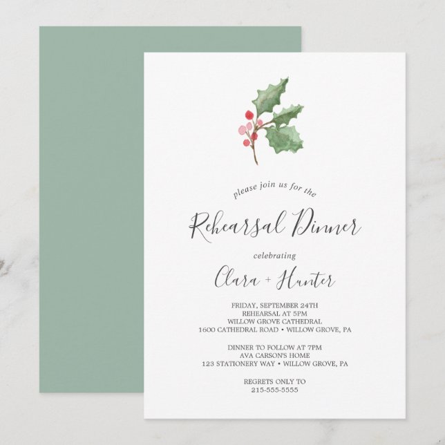 Invitation Dîner de répétition Noël vert et rouge Berry (Devant / Derrière)
