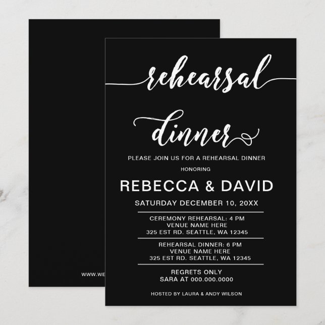 Invitation Dîner de répétition noir et blanc élégant (Devant / Derrière)