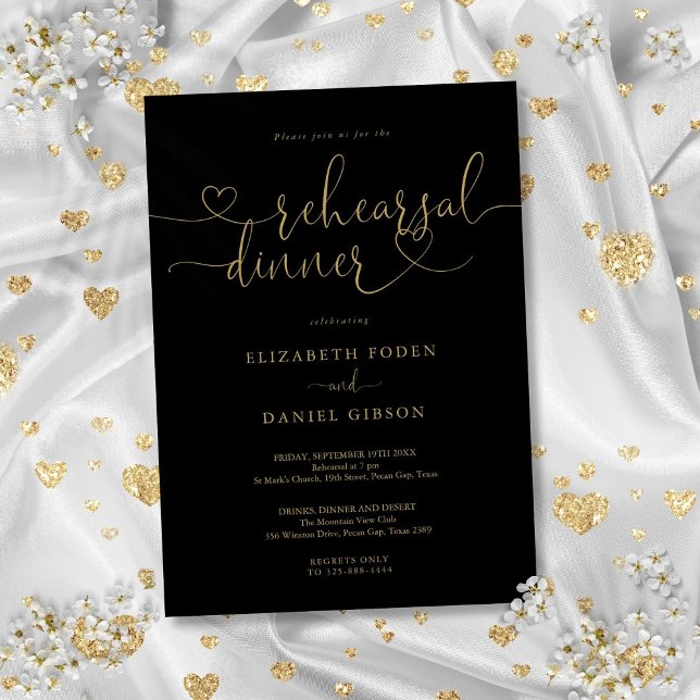 Invitation Dîner De Répétition Noir Et Or Coeur (Black And Gold Heart Script Rehearsal Dinner Invitation)