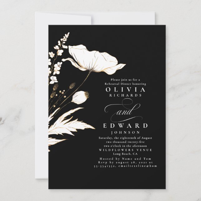 Invitation Dîner de répétition noire Fleur sauvage Gold Foil (Devant)