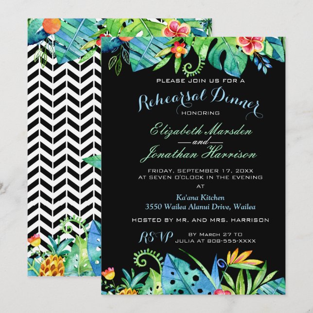 Invitation Dîner de répétition noire tropicale florale Invita (Devant / Derrière)