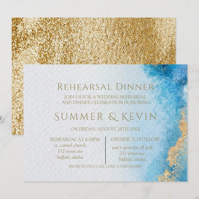 Invitation Dîner de répétition Ocean Blue and Gold Agate (Devant / Derrière)