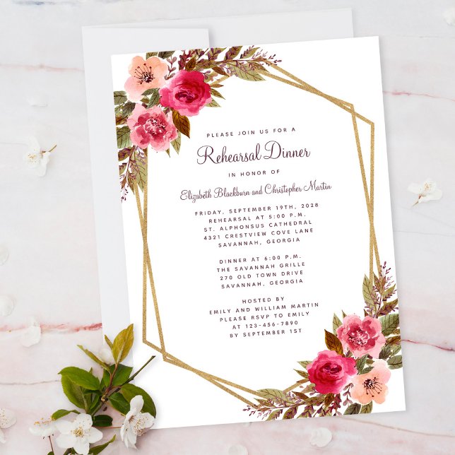 Invitation Dîner de répétition or violet floral élégant (Elegant Floral Blush Purple Gold Rehearsal Dinner Invitation)