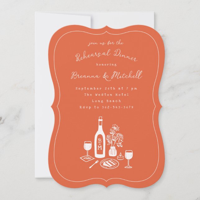 Invitation Dîner de répétition orange en encre (Devant)