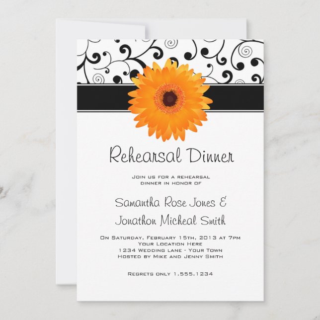 Invitation Dîner de répétition Orange Gerbera Daisy Black Scr (Devant)