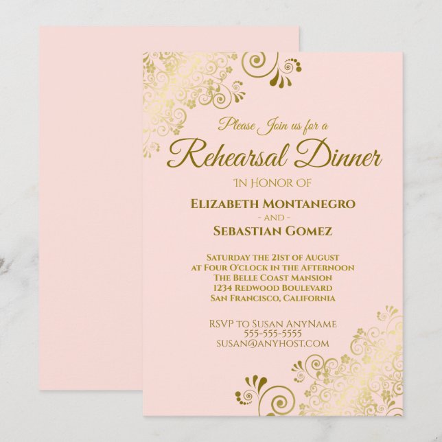 Invitation Dîner de répétition Ornate Gold & Blush Pink Maria (Devant / Derrière)