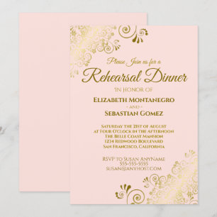Invitation Dîner de répétition Ornate Gold & Blush Pink Maria