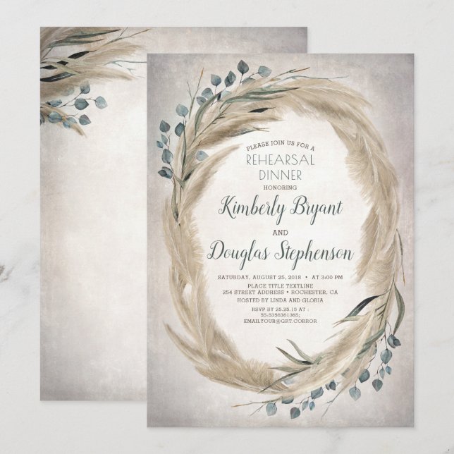 Invitation Dîner de répétition Pampas Grass and Greenery Boho (Devant / Derrière)