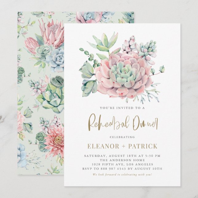 Invitation Dîner de répétition Pastel Watercolor Succulents (Devant / Derrière)