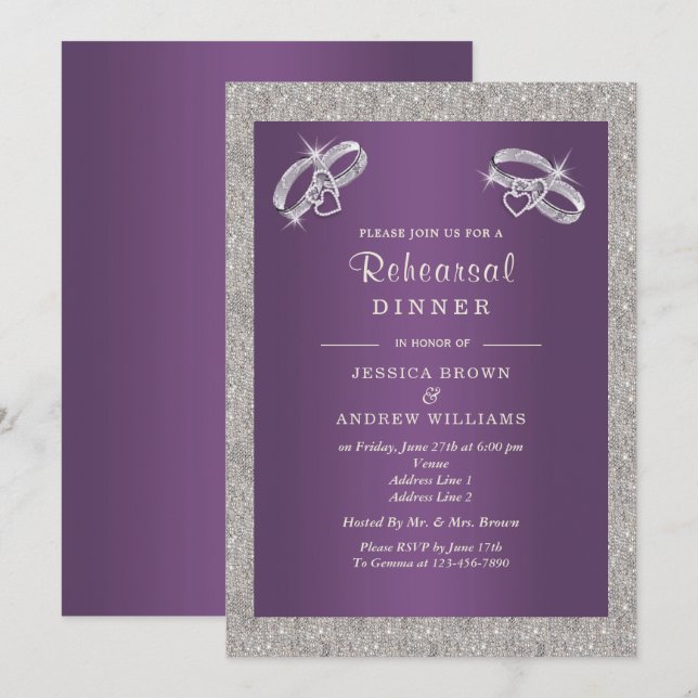 Invitation Dîner de répétition Phlox, Sparkly Silver Rings (Devant / Derrière)