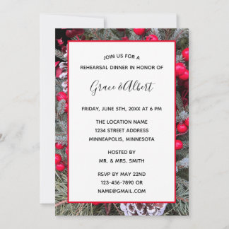 Invitation Dîner de répétition Pinecones Evergreens Red Berri