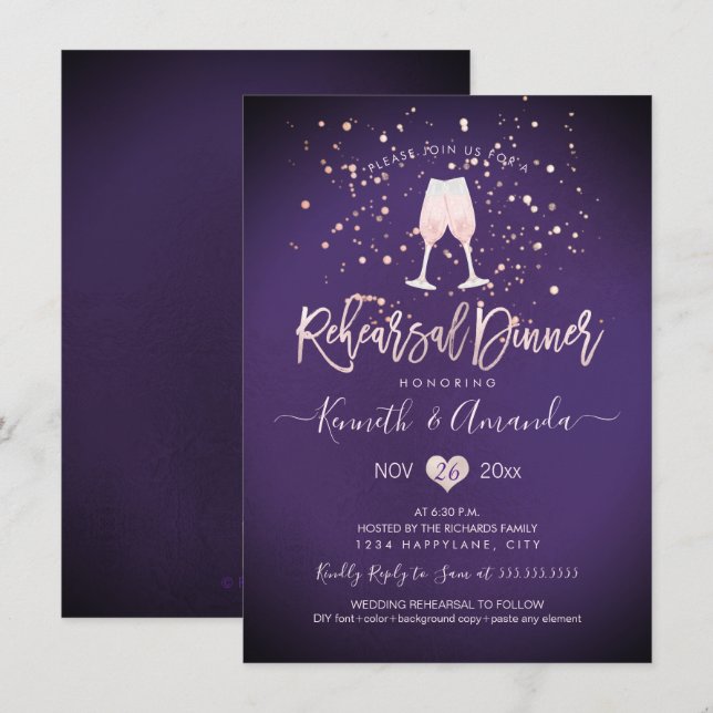 Invitation Dîner de répétition PixDezines Plum Champagne Rose (Devant / Derrière)