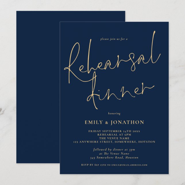 Invitation Dîner de répétition pour Mariage de la Marine d'or (Devant / Derrière)