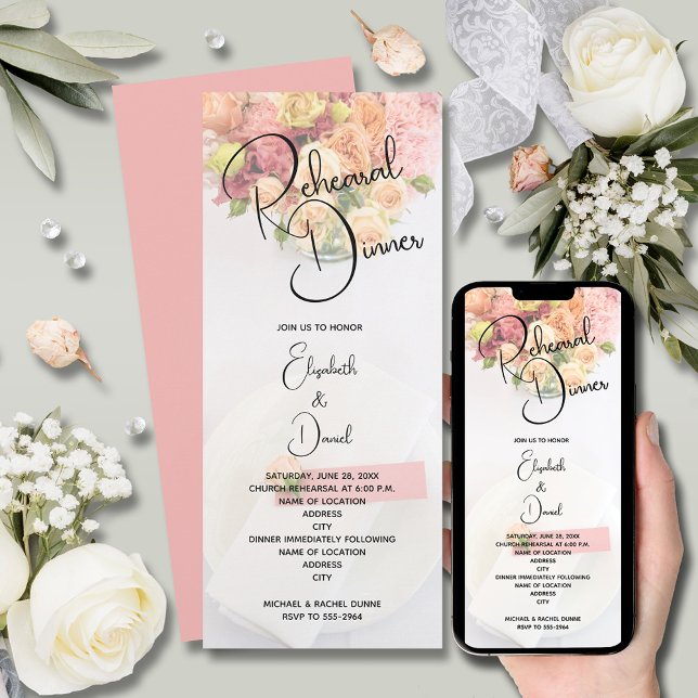 Invitation Dîner de répétition pour table florale rose (Pink Floral Table Setting Rehearsal Dinner Invitations)