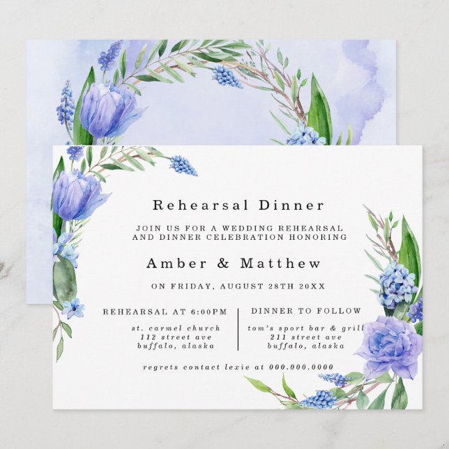 Invitation Dîner de répétition Purple Dusty Blue Hyacinth Peo (Devant / Derrière)