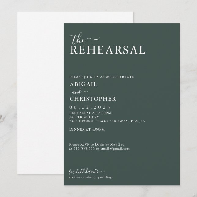 Invitation Dîner de répétition romantique Emerald Green Maria (Devant / Derrière)