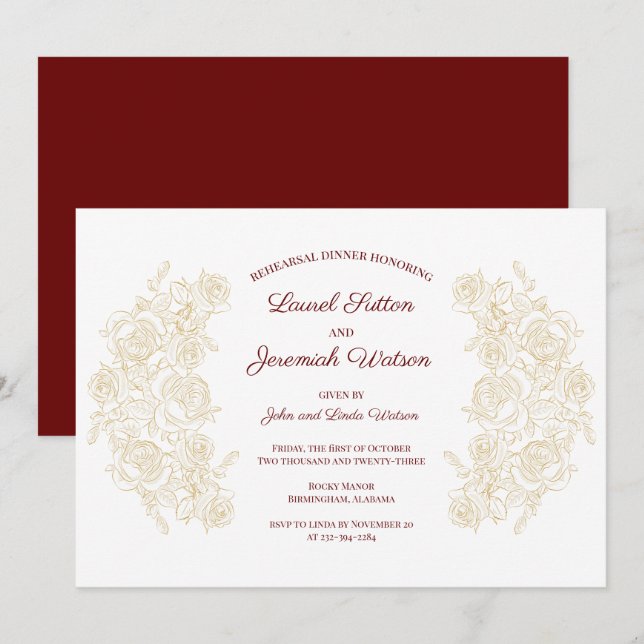 Invitation Dîner de répétition Rose d'or et de Bourgogne élég (Devant / Derrière)
