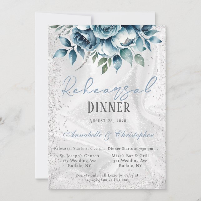 Invitation Dîner de répétition Rose Dusty Blue Silver (Devant)
