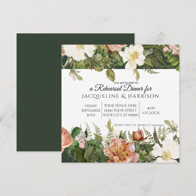Invitation Dîner de répétition Rose floral de la forêt d'émer (Devant / Derrière)