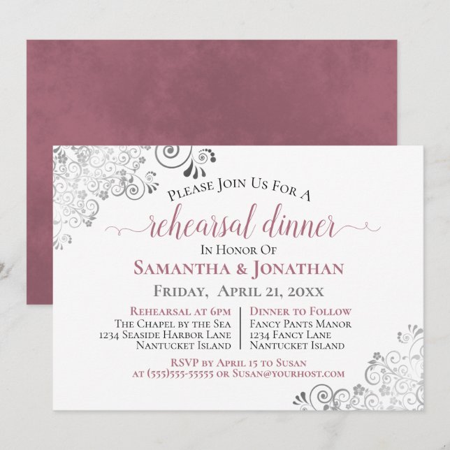 Invitation Dîner de répétition Rose Frilly Elegant Dusty (Devant / Derrière)