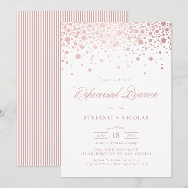 Invitation Dîner de répétition rose Gold Foil Confetti Invita (Devant / Derrière)
