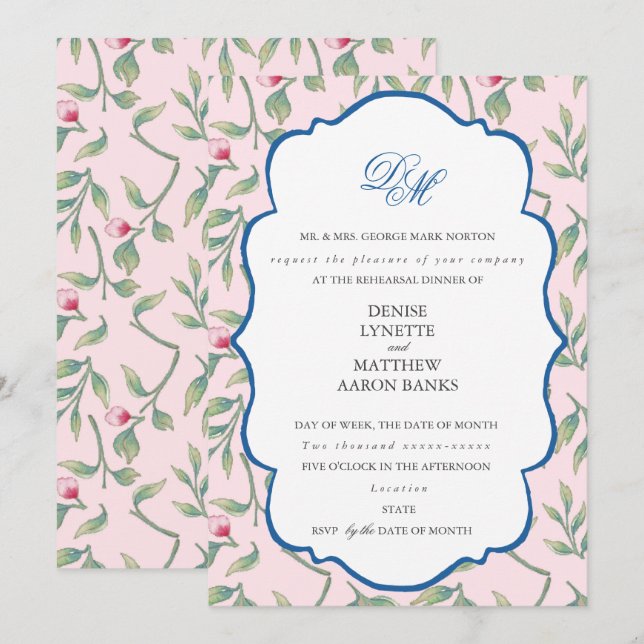 Invitation Dîner de répétition rose Nosegay (Devant / Derrière)