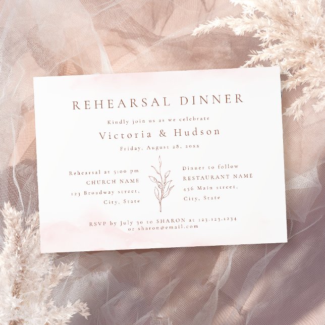 Invitation Dîner de répétition rose or botanique simple feuil (Rose gold simple botanical leaves rehearsal dinner invitation)