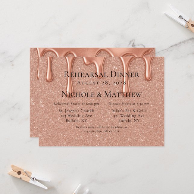 Invitation Dîner de répétition rose Parties scintillant or &  (Devant/Arrière en situation)