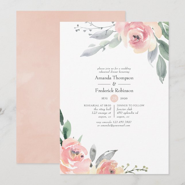 Invitation Dîner de répétition rose pastel Blush Floral (Devant / Derrière)