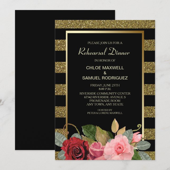 Invitation Dîner de répétition Rose Sparkle Stripe (Devant / Derrière)