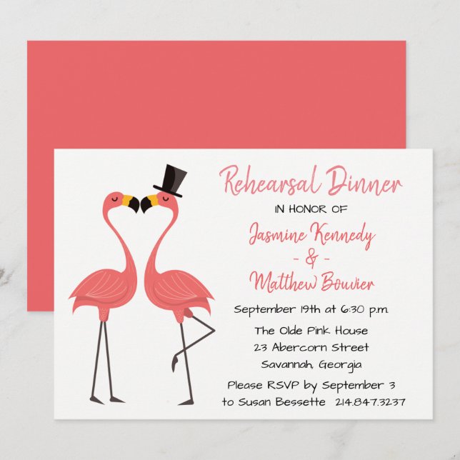 Invitation Dîner de répétition rose tropicale Mariage de Flam (Devant / Derrière)