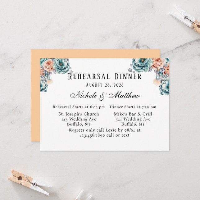 Invitation Dîner De Répétition Rose Turquoise Et Peach (Devant/Arrière en situation)