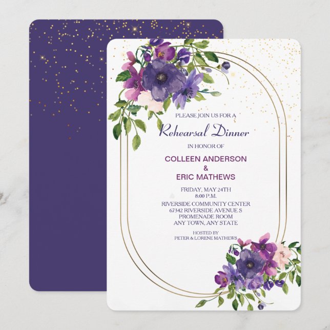 Invitation Dîner de répétition Rose violet bleu sauvage (Devant / Derrière)