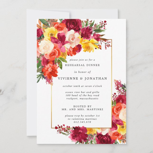 Invitation Dîner de répétition rouge rose orange jaune floral (Devant)